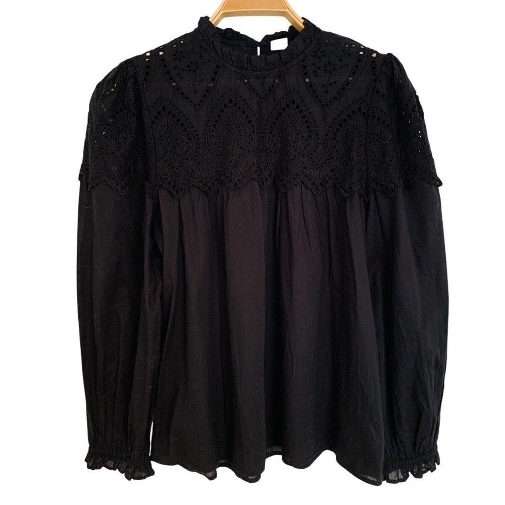 GAP / Black Cotton Eyelet Romantic Boho Puff Sleeve Top / Size Large - Picture 2 of 7